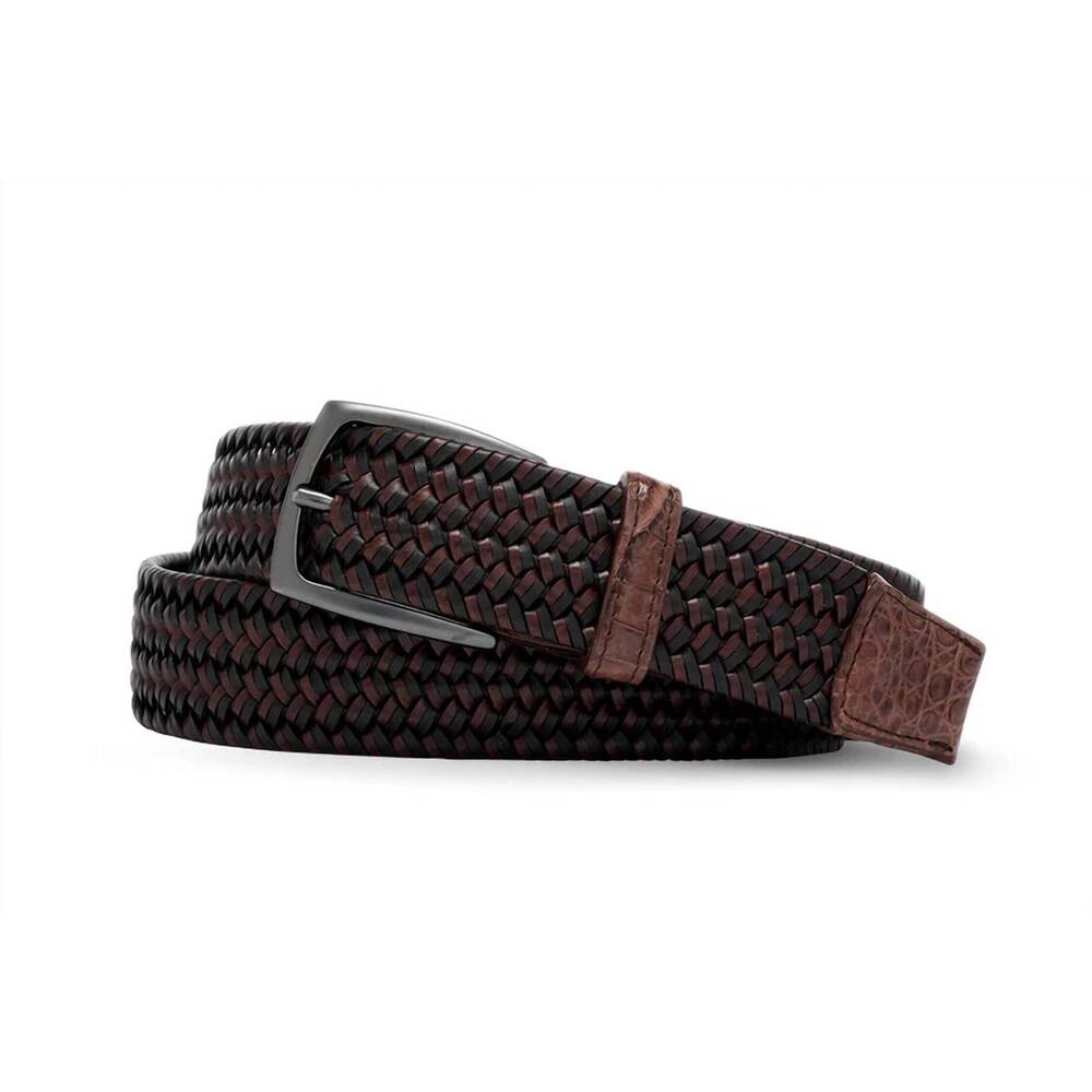 NEW W. KLEINBERG leather stretch belt with croc tabs and gunmetal buckle in ciga